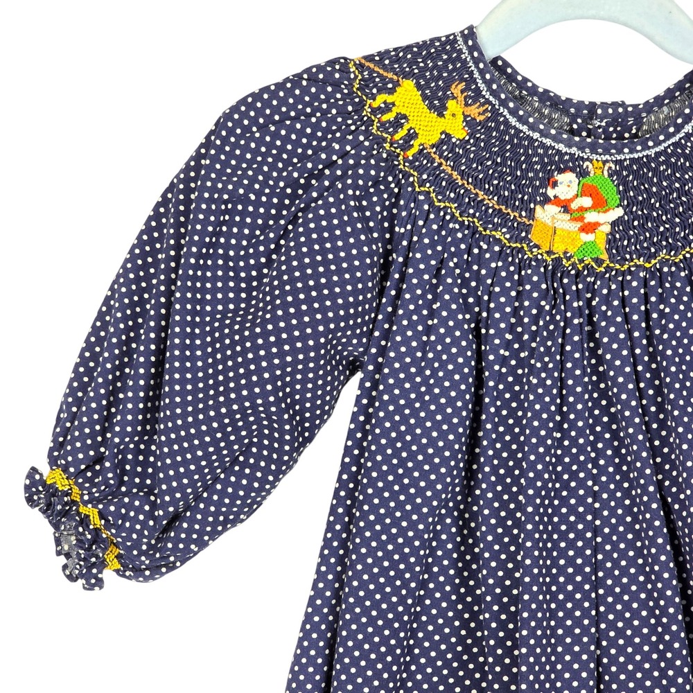 Mom & Me Girls Smocked Christmas Dress Polka Dot Santa Reindeer 18 Mos Boutique - Picture 4 of 15